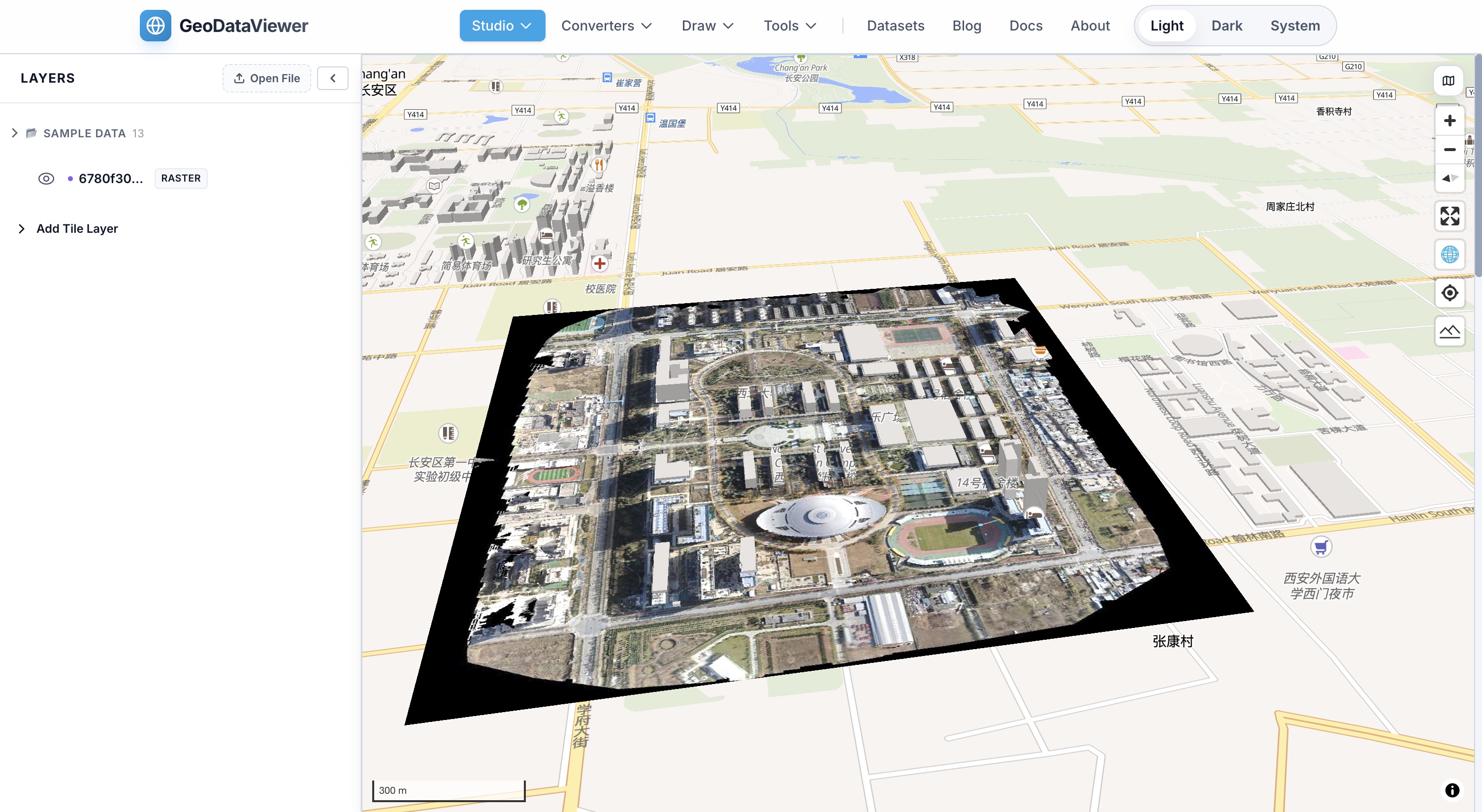 GeoDataViewer displaying a COG raster layer in 3D on an interactive map