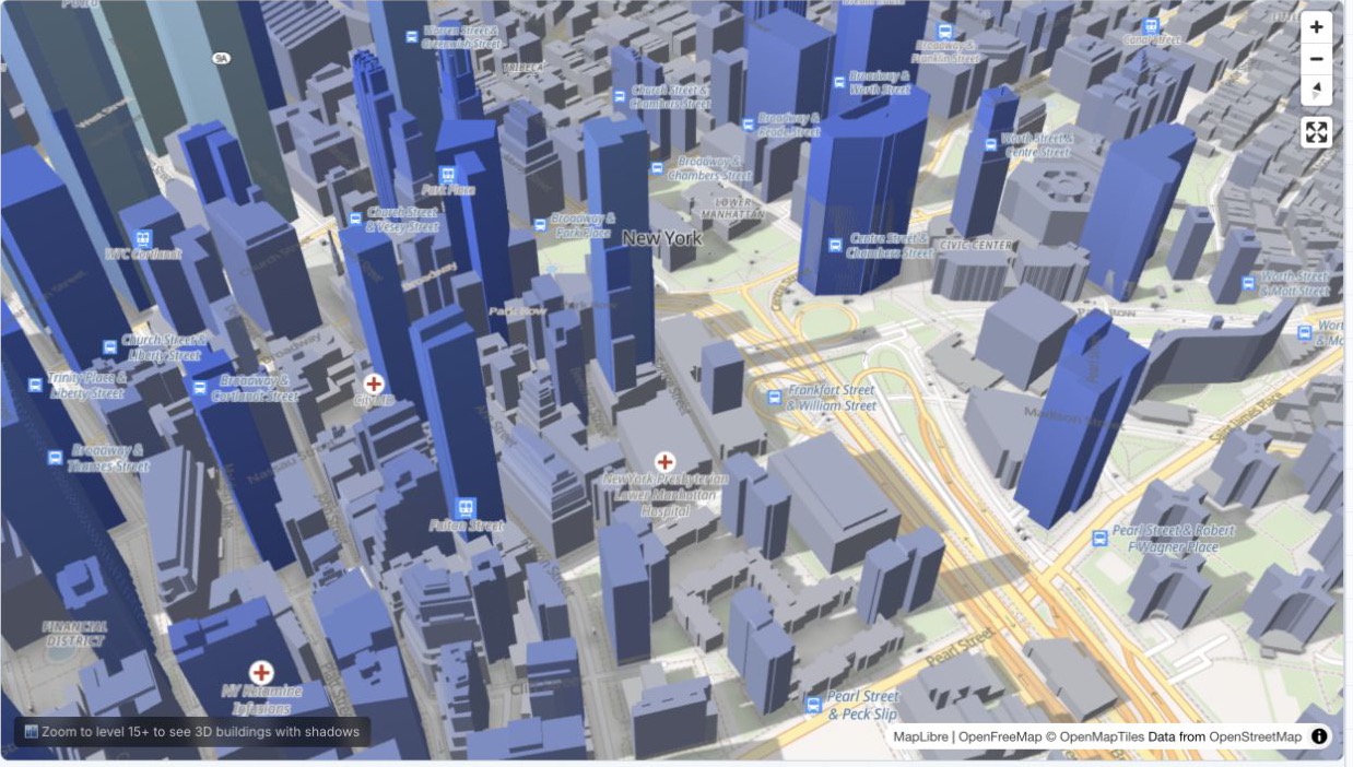 3D building shadow map of Lower Manhattan, New York, showing afternoon shadows across streets and nearby buildings