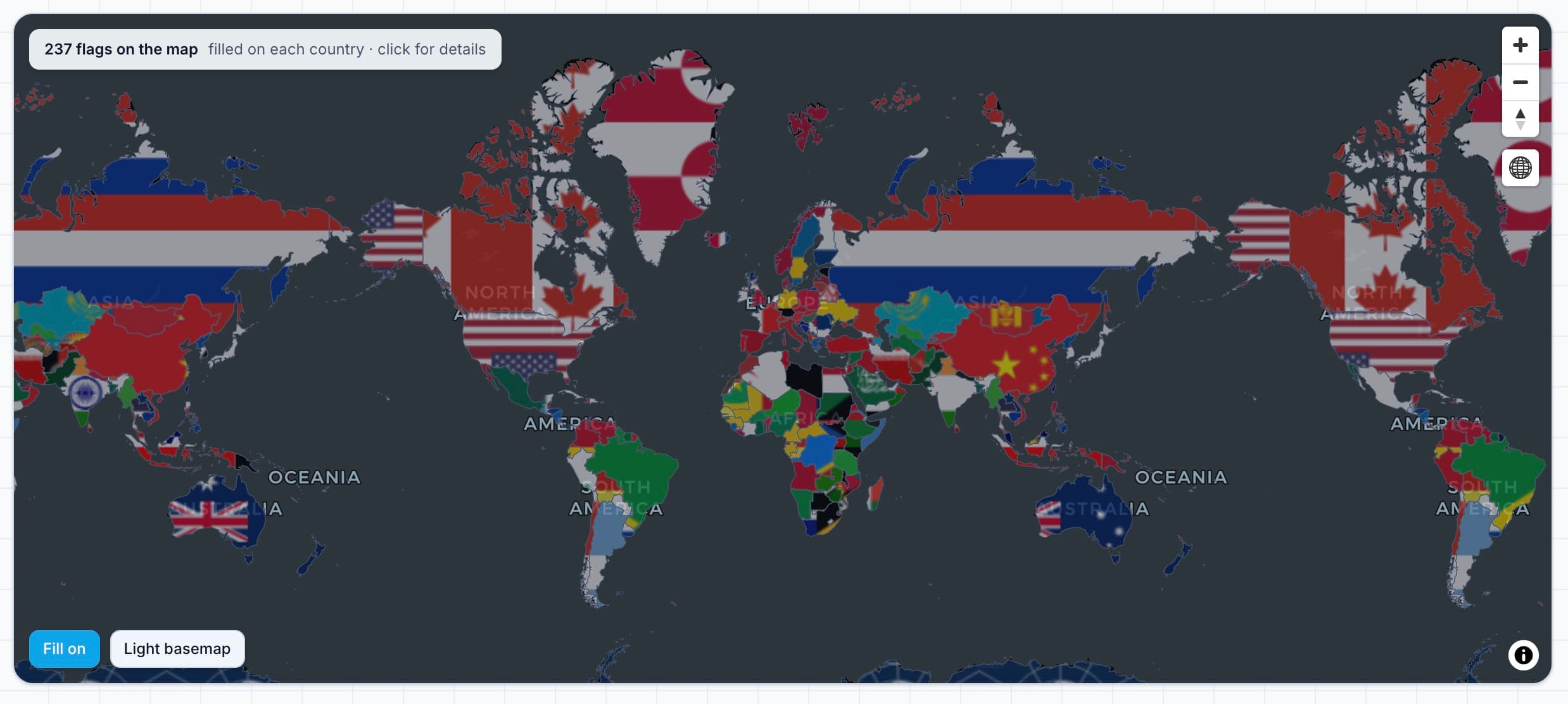 GeoDataViewer World Flags Map showing each country's national flag used as the fill of its own territory on a 3D globe